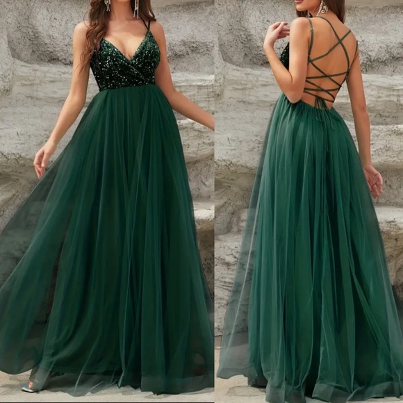 Luxe lace up back mesh sequins bodice party formal prom wedding gown dress - Picture 6 of 16